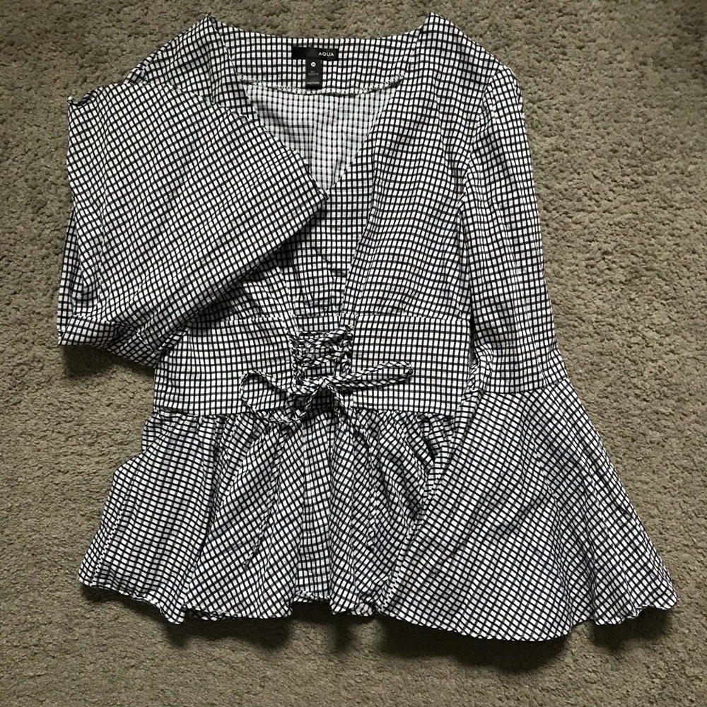 Aqua bell sleeve plaid blouse